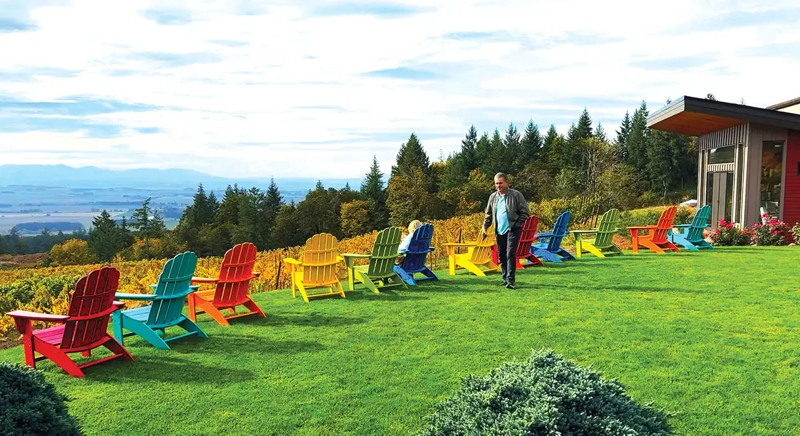 Adirondack chairs facing a breathtaking view of the Willamette Valley